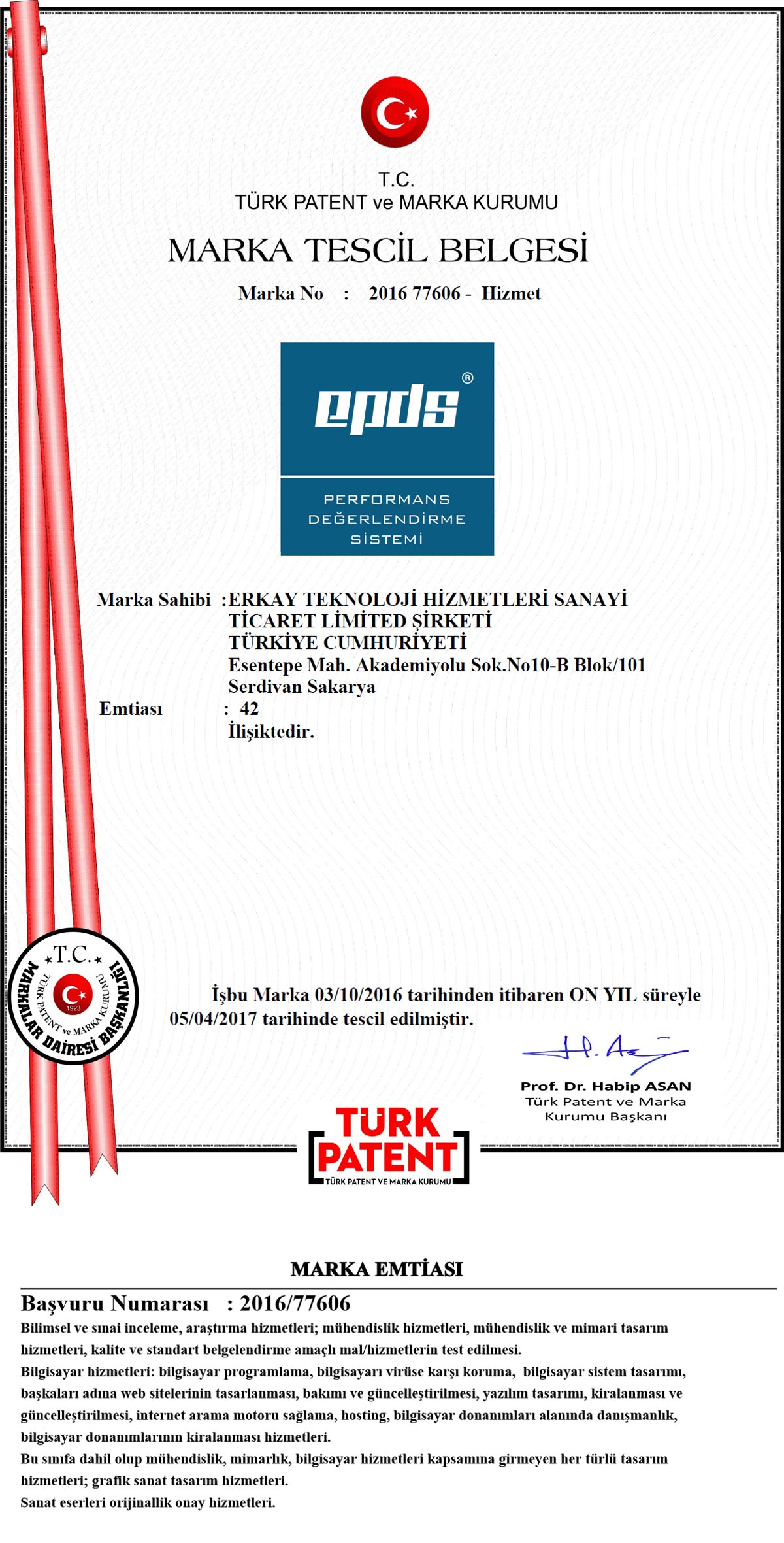 EPDS marka tescil belgesi