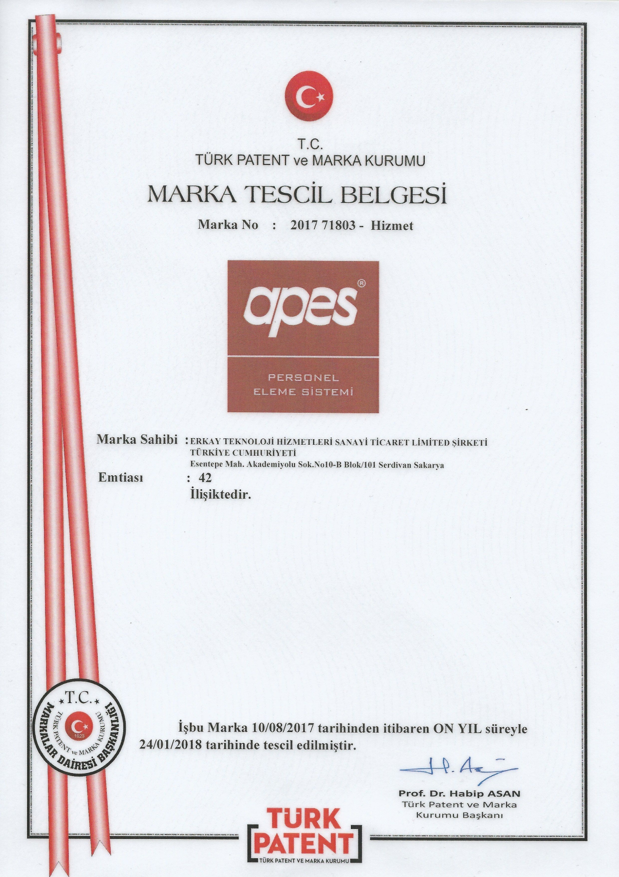 APES marka tescil belgesi