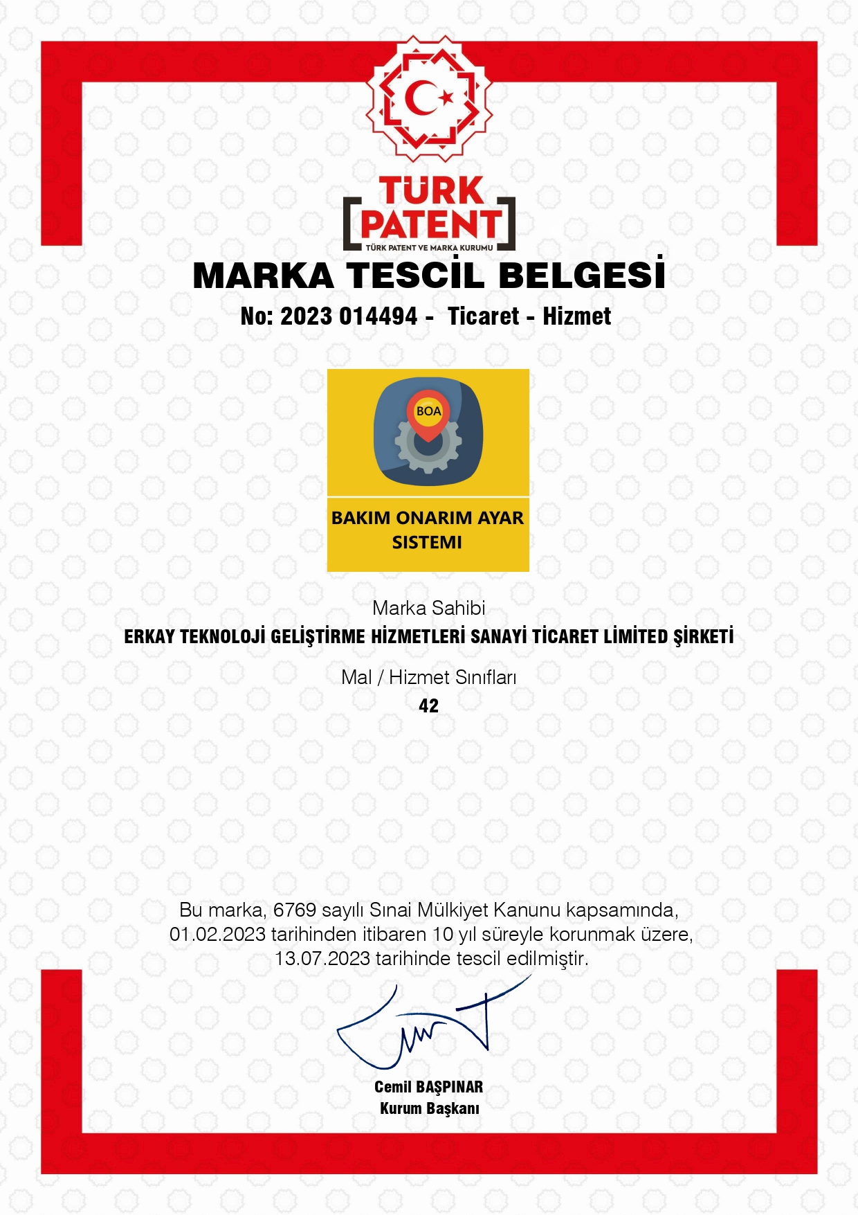 BOA marka tescil belgesi