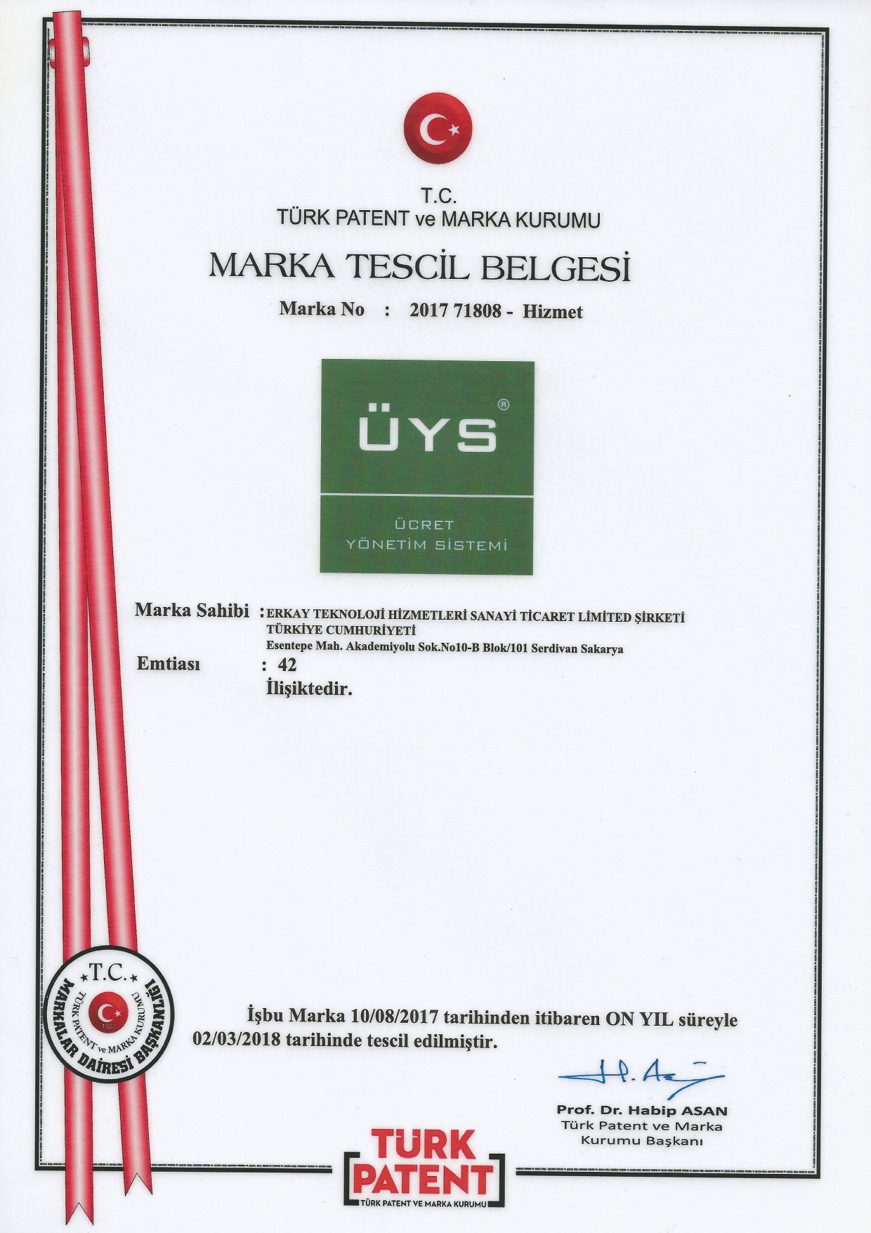 &Uuml;YS marka tescil belgesi